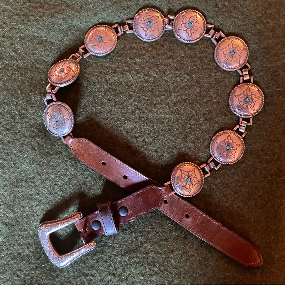 Vintage Western Brown Leather Belt w/ Silver & Turquoise Accents | 34.5” Long